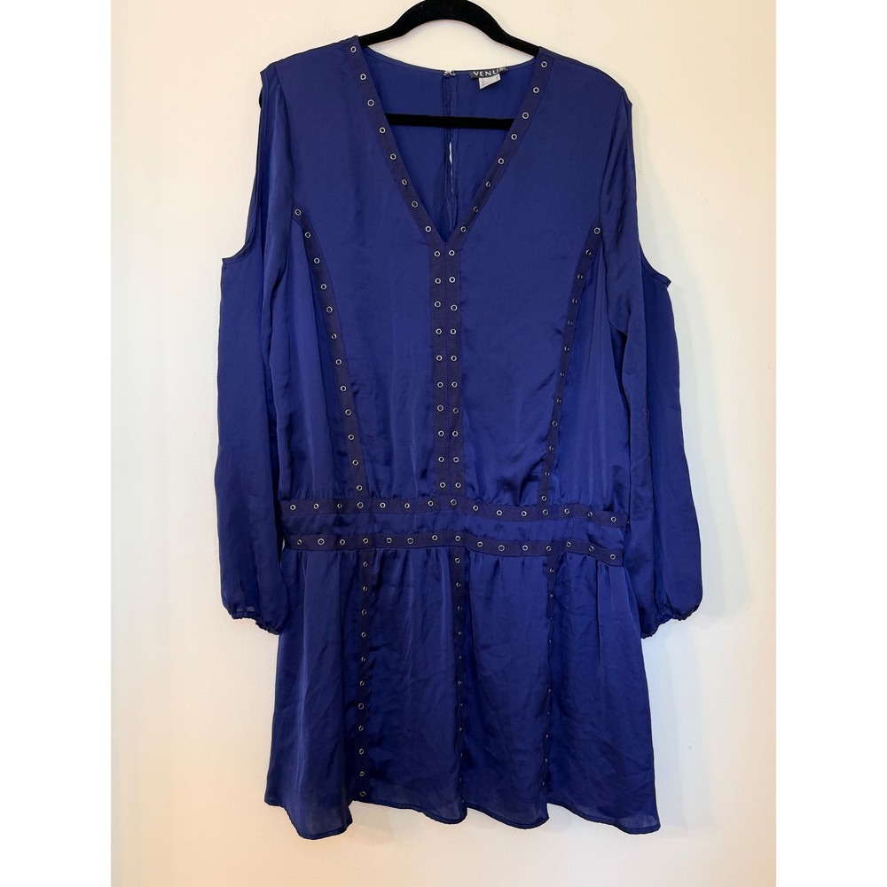 Venus Royal Blue Cold Shoulder Grommet Trim Mini Dress Womens Size 14 V-Neck